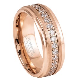 Jewelry Avalanche 8mm Mens Rose Gold Eternity Tungsten Wedding Band, Brushed Finish with Cubic Zirconia Stones, Stepped Edge Engagement Ring - TN926s13