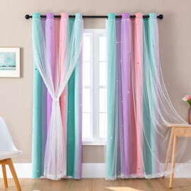 XiDi Blackout Curtains - Star Cut Curtains for Bedroom Girls Living Room Children Rainbow Curtains with Eyelet for Windows Pink Purple Green / 86/160/2 IT
