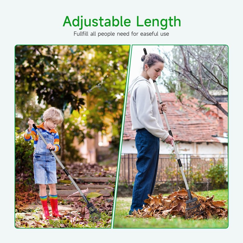 GreatBuddy Adjustable Leaf Rake, 8'' Wide Metal Rake, Perfect for