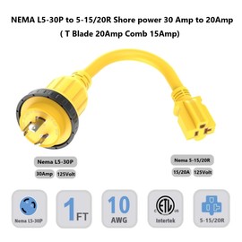 1FT 30-Amp to 15-Amp Marine-Shore Power-Adapter NEMA L5-30P to 5-15/20R,10AWG 30Amp to 20Amp T Blade Marine Adapter Plug,Twist Lock 125V 30A to 20A/ 15A Household Outlet Pigtail Boat
