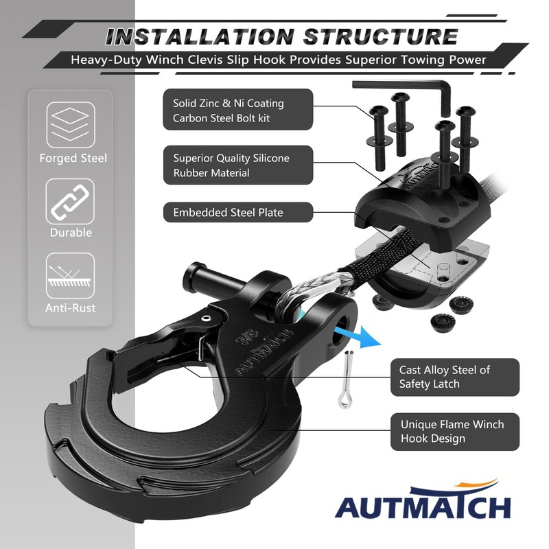 AUTMATCH Winch Hook 3/8" - Clevis Slip Hook with Safety