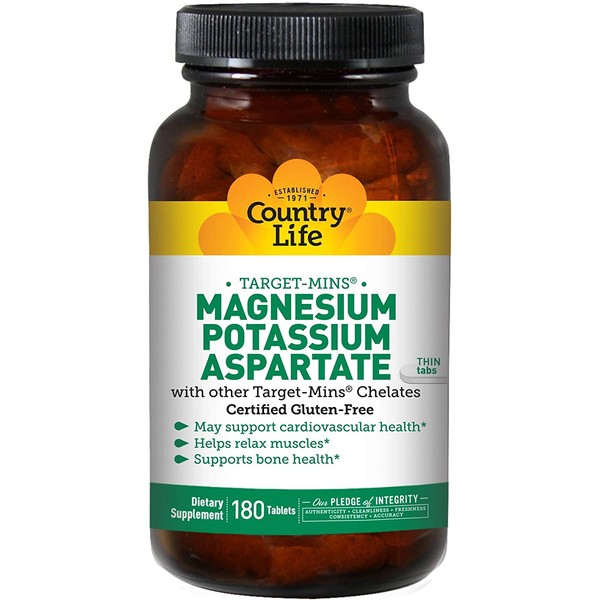 Country Life Target-Mins Magnesium Potassium Aspartate - 180 Tablets - Cardiovascular - Bone Health - Relax Muscles