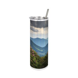 Ambesonne Appalachian 20 Oz Skinny Tumbler, Blue Ridge Mountain Peaks and Spring Azalea Flowers Blooming with Fluffy Clouds, Leak-Proof Straw Lid and Brush Vacuum Insulated for Outdoor Use, Multicolor