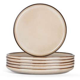 E-far 7.9” Ceramic Salad Plates Set of 6, Reactive Glaze Stoneware Dishes, Round Dessert Plate for Home Kitchen Restaurant, Microwave & Dishwasher Safe – Sandy Beige
