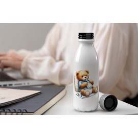 MAXIKIWI Einwandige Wasserflasche mit Schraubverschluss, nicht isoliert, leichtes Aluminium, BPA-frei, auslaufsicher, Set von Blue Baby Teddy, 500 ml