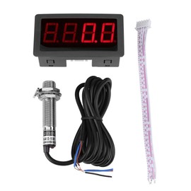 DEWIN Digital Speed Panel, Tachometer 4 Digital Red/Blue LED Tachometer RPM Speed Meter+Hall Proximity Switch Sensor NPN (Red)