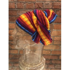 Short Headwrap Scarf Hair Tie Turban Fabric Hand Woven Cotton Jeweltone Stripes Blue Orange