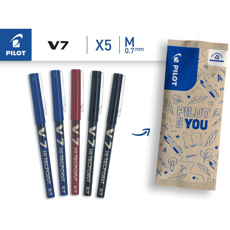 PILOT Hi-Tecpoint V7 Rollerball Pen Set of 4 (Black, Blue,