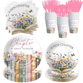 Srua Don Book Theme Bridal Shower Decorations Tableware, Pink Library Reading Theme A New Chapter Story Book Bridal Shower Party Supplies, Disposable Paper Plate, Cup, Napkin, Cutlery, Serves 24