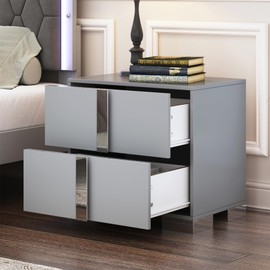 Merax Night Stand with 2 Drawers, Wood Nightstand Mirrored Metal Legs Bedside End Table for Bedroom, Dorm, Grey
