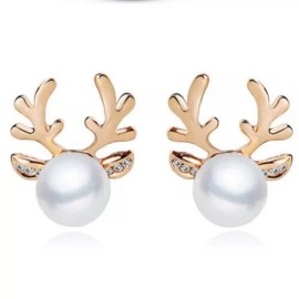 Unbranded Christmas Deer Cute Pearl Gold  Ear Stud Earrings Christmas Gift