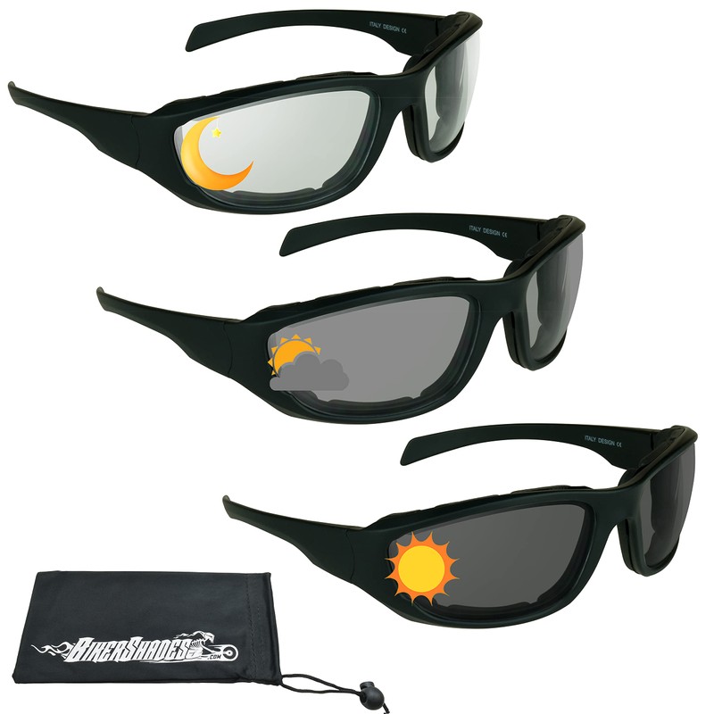 Bikershades Transitional Motorcycle Safety Glasses Photochromic CLEAR to GREY Lens