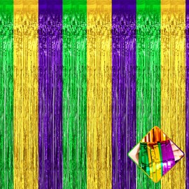 4 Pack 3.2Ft x 9.8Ft Mardi Gras Foil Fringe Curtain Backdrop, Gold Green Purple Metallic Tinsel Foil Fringe Streamers Curtains Background for Photo Booth, Birthday, Wedding, Carnival Party Decoration