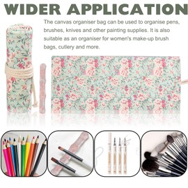 FOSDICK 1Pcs Artist Paint Brush Holder and 1Pcs Paint Brush Rest, Floral Pattern Paint Brush Case, Canvas Paint Brush Storage, 36 Slots Paintbrush Roll Up Pouch for Colored Pencils Art Supplies