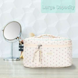 Cotton Makeup Bag, Quilted Cosmetic Bag with Handle Large Capacity Travel Toiletry Bag for Women Girl Cute Aesthetic Floral Makeup Bag (Beige, One Size)
