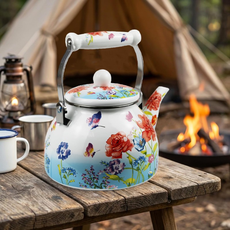 Butterfly Floral Enamel Tea Kettle, 2.5L Stovetop Teapot with Porcelain