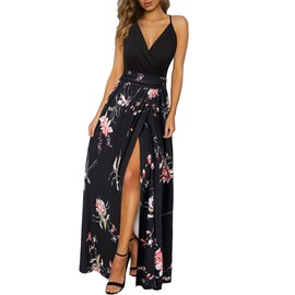 Newshows Womens Dresses Summer 2025 Wedding Guestes V Neck Teacher Outfits Casual Split Teacher Long Flowy Maxi Spring Dress Work(Black Floral Red White, S)