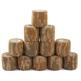 Yoo & Main 12 Roll Camouflage Tape Self Adherent Cohesive Bandage Wrap Rifle Shotgun Camo Wrap Tape Military Camo Stretch Form Bandage for Camping, Hunting, Flashlight, Bicycle (Beige Camoflage)