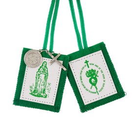 Needzo Wool-Backed Green Scapulars Catholic, Dual Paneled Scapular with Image of The Pierced Heart and Our Lady with Silver Tone Medals, 17.25 Inches (3 Pack)