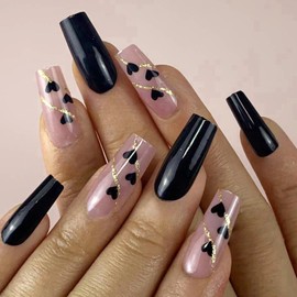 Valentines Long Press on Nails Black Fake Nails Coffin Square Black False Nails with Heart and Gold Line Design Acrylic Nails Press on Artificial Nails Stick on Nails For Women-24Pcs