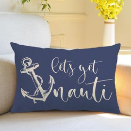 Beach Theme Pillow Covers Double-sided printed Navy Blue Let’s Get Nauti Anchor Coastal Decor Rectangular/Waist Cushion Covers Nautical Summer Home Decor Pillowcases 12”×20” (Navy Blue, 12”×20”)