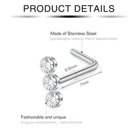 incaton 22g Nose Studs Silver L Shaped Nose PiercingsStainless Steel Nose Piercings with Colorful CZ Silver