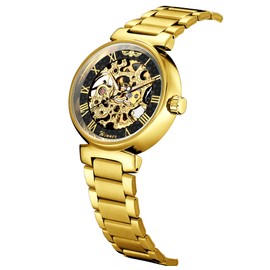 Carlien Skeleton Automatic Steampunk Watches Gold-Tone Luminous Hands Leather Strap Wrist-Watch (Gold Black)