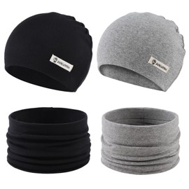 JANGANNSA 3-Pack Newborn Baby Beanie Hats Boys Girls Hospital Hat Infant Toddler Cotton Caps ((Black+Gray) Hat and Scarf, 0-6 Month)