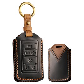 TECART Key Fob Cover with Keychain Leather Key Shell Case Protection Fit For 2024 Jeep Grand Cherokee L Grand Wagoneer Black