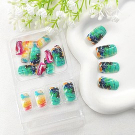 Square Medium Press on Nails Summer False Nails Color Blooming Design Pattern Glue on Nails Glossy Acrylic Fake Nails Medium Square Nails Press ons Cute Artificial Stick on Nails for Women 24Pcs