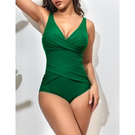 LONTANO One Piece Bathing Suit for Women Ruched Swimsuits for Women Tummy Control Swimming Suits for Women Green