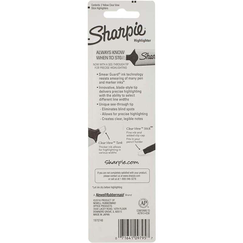 Sharpie Clear View Highlighter Stick, Yellow, 2/Pack (1950744)