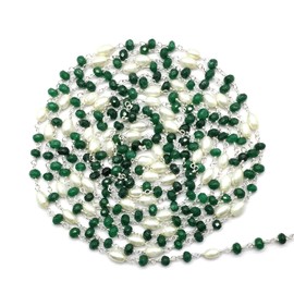 Green Onyx Jade with Glass Pearl 36 Inch 92.5 Sterling Silver Plated 4 mm - 4 x 6 mm Rondelle Drum Faceted Smooth Beads Necklace Chains Bulk for DIY Necklace Bracelet Choker Jewellery 3 Feet