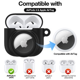 LDSXAY LDSXAY 2 in 1 Silicone Case Compatible with AirPod 4 and AirTag, Shockproof Protective Skin Cover for AirPods 4th Generation with Cleaner Kit & Carabiner (Black)