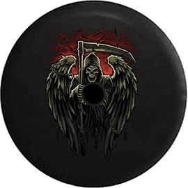 JL Spare Tire Cover Grim Reaper Winged Skeleton with Sickle in Hell Spare Tire Cover with Backup Camera Hole BUC (Fits: JL Accessories 2018+) Size 32 Inch