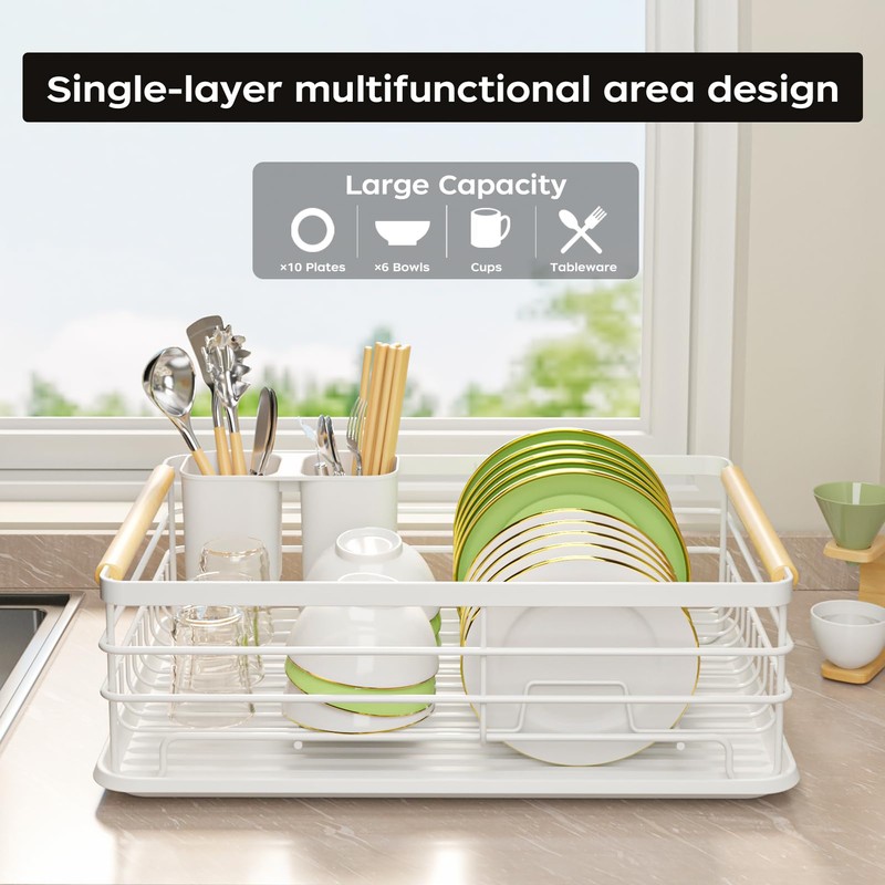 jouzevic Dish Racks for Kitchen Counter: Wooden Handles, Thickened Metal,