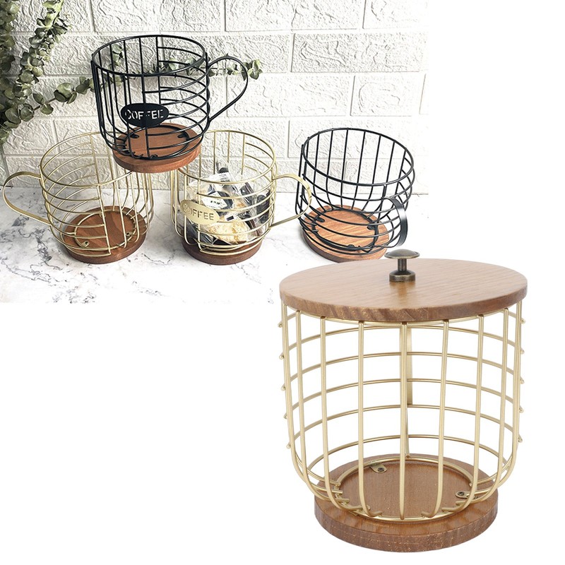 Coffee Pod Holder Iron Large Capacity Space Saving Wooden Base