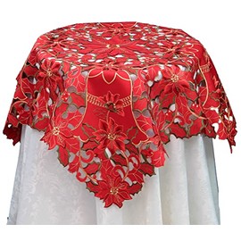 Creative Linens Holiday Christmas Embroidered Tablecloth Poinsettia Bell Table Cloth Topper RED Round or Square (33" Square)