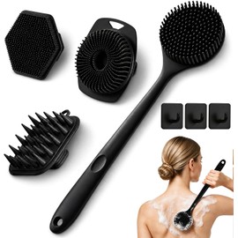 Skin Cleaning Brush Esponja Silicona Cuerpo, Cepillo Cepillo de Espalda Baño con Mango Largo, Herramientas Antideslizantes de Exfoliación y Masaje，Con 3 ganchos