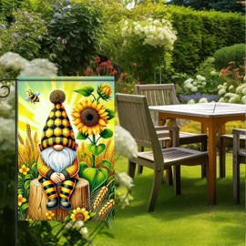 BlissYard Spring Garden Flag Sunflower Theme Yard Flag 12x18 Inch Double Sided Seasonal Outdoor Small Decor Welcome Spring Garden Flag Gnome and Bee Design Decoration