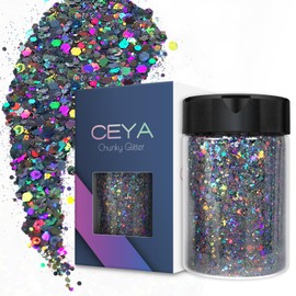Ceya Holographic Chunky Glitter, 4.9oz/ 140g Silver Grey Craft Glitter Powder Mixed Chunky & Fine Flakes Iridescent Nail Sequins for Nail, Hair, Epoxy Resin, Tumblers, Slime, Painting, Festival Decor