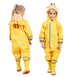 FILOWA Raincoat Hooded Kids Puddle Suit Girls All in One Waterproof Rainsuit Yellow Lightweight Rainwear Portable Breathable PVC Transparent Brim Zipper Muddy Suit Unisex 7-10 Years