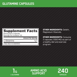 Optimum Nutrition L-Glutamine Muscle Recovery Capsules, 1000mg, 240 Count (Package May Vary)