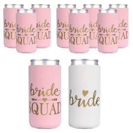 PartyGifts&Beyond 10Packs Bachelorette Party Decorations Slim Can Cooler Bridesmaid Gifts Can Cooler Bride Squad Can Sleeves(Pink)