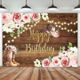 7x5ft Cowgirl Birthday Backdrop Rustic Wooden Western Theme Women Girls Birthday Party Photography Background Pink Flowers Wild West Birthday Decorations Portraits Banner Photo Studio Props