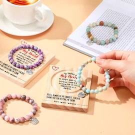 Huquary 12 Pcs Back to School Teacher Bracelet Gift Women Wooden Tray Sets Bulk Thank You for Teachers Natural Stone Bracelet Women Men Mentor for Mentor Beginning First of School Gift