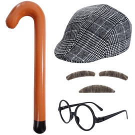 Rthjsfj 5Pcs Old Man Grandpa Costume Kit - Gray Mustache and Eyebrows, Glasses, Flat Hat, Inflatable Cane, 100 Years Old Costumes Accessories Set