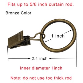 AMZSEVEN 100 Pack Metal Curtain Rings with Clips, Drapery Clips with Rings, Drapes Rings 1 in I D, Fits Diameter 6/8 in Curtain Rod, Vintage Bronze