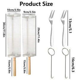 2PCS Rolling Grill Basket, Removable Wooden Handle, 304 Stainless Steel BBQ Accessories for Vegetables & Shrimp, Nesting Grilling Net for Outdoor Cooking & Camping, Perfect Gift for Men Dad Husband