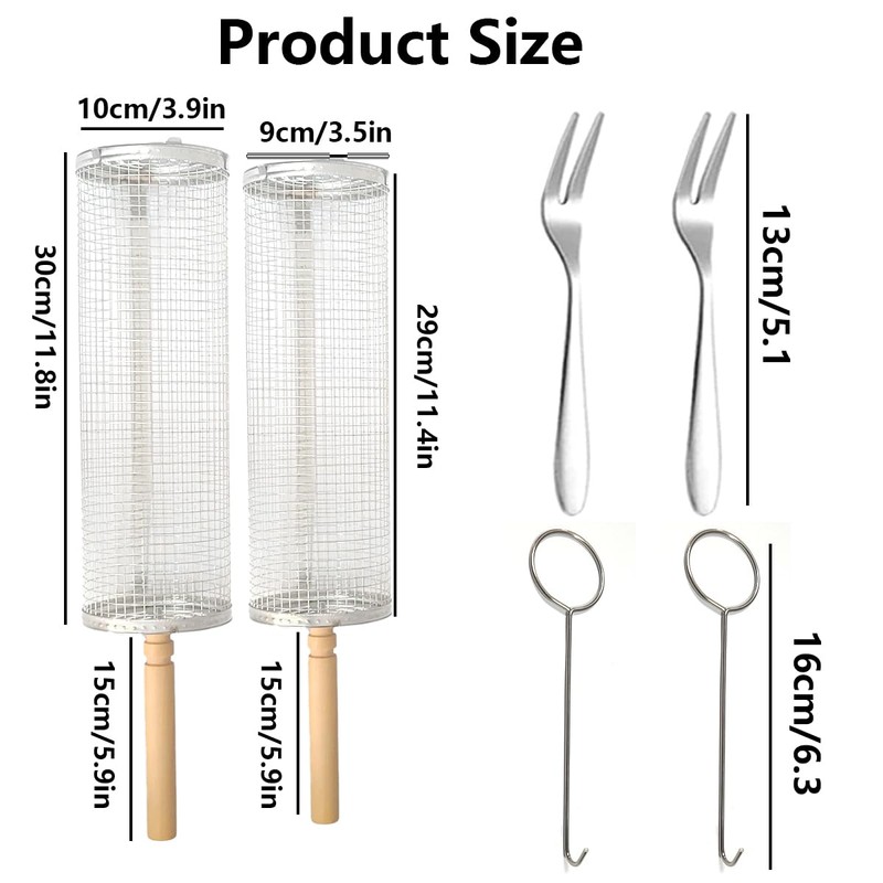2PCS Rolling Grill Basket, Removable Wooden Handle, 304 Stainless Steel